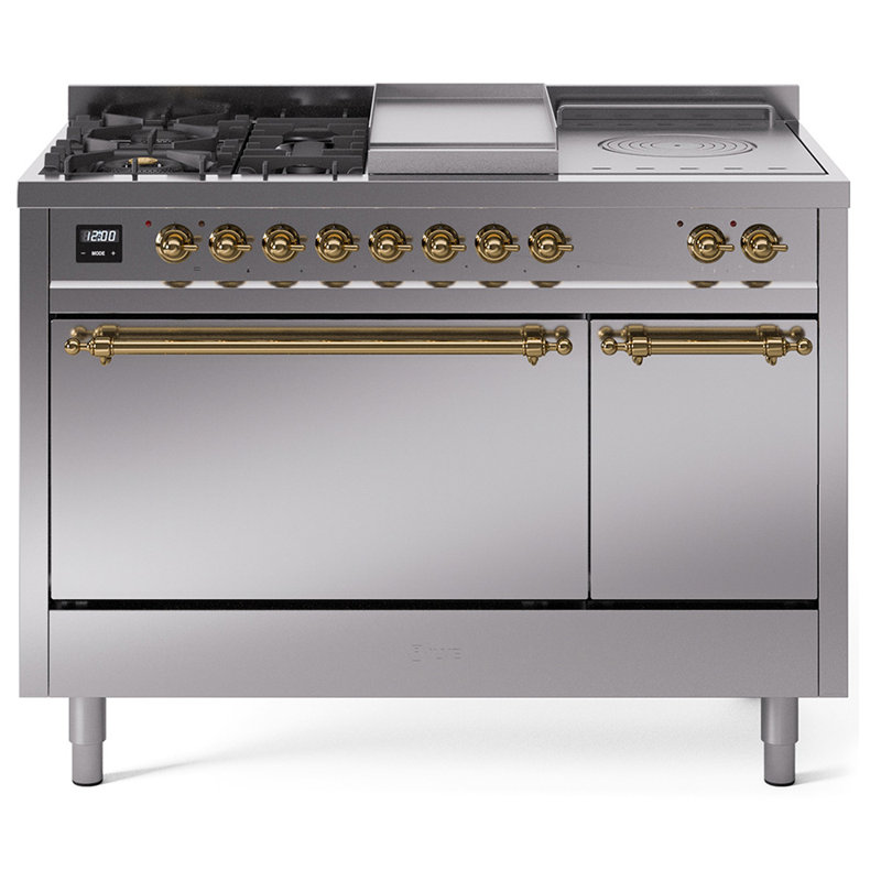 ILVE Nostalgie II 48 in Dual Fuel Range, 5 Burner, Griddle, Frenchtop, Stainless Steel/Brass, Liquid Propane