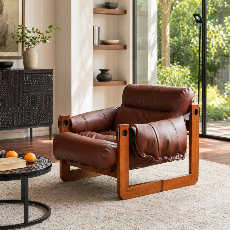 Mid-Century Modern Leather Lounge Chair, Retro Faux Leather Armchair with Solid Wood Frame, Ergonomic Sling Accent Chair for Living Room, Bedroom & Office, Brown, 95cm