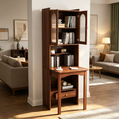 Bureau avec bibliothèque de 24 pouces de hauteur avec table d'écriture pliable pour studio de bureau personnel, table d'écriture convertible en bois avec vitrines et tiroir de rangement, noyer
