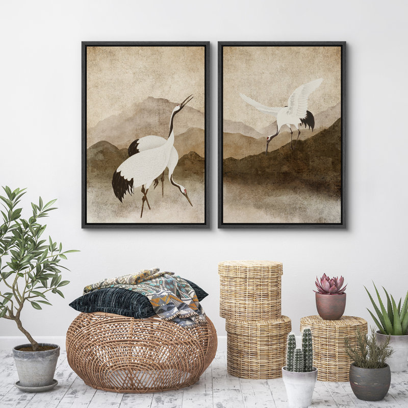 «Cranes Forage On The Mountain», reproduction d'art sur toile encadrée brune, Noir, noir, noir, noir, H 36 po x l 24 po