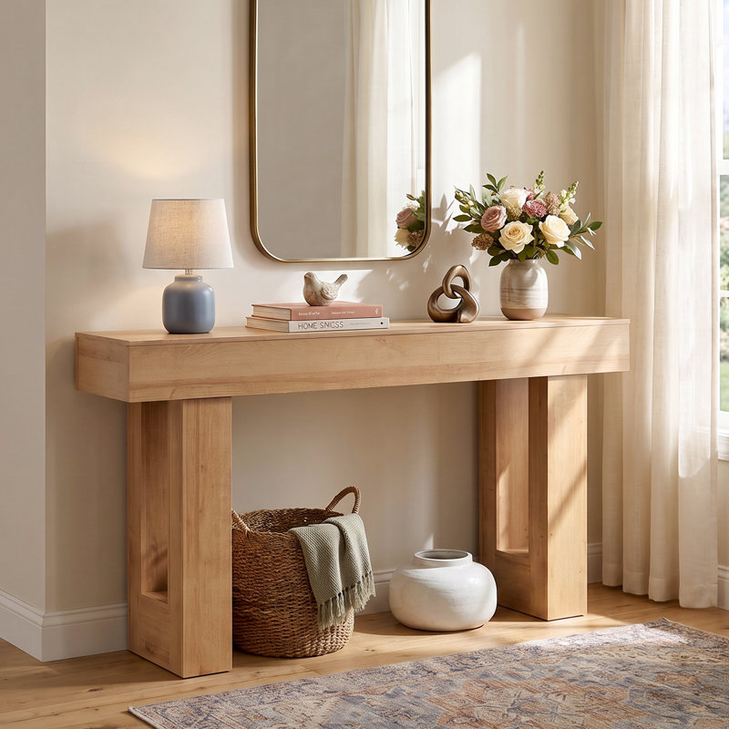 Console de 63 po de largeur, canapé de style campagnard, table d'entrée étroite à grain de bois chaud, Brun, Brun