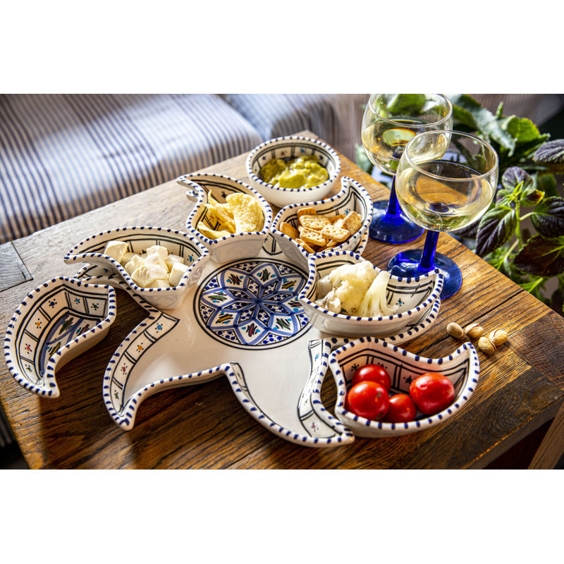 Dipper Handcrafted Ceramic Star Divided Serving Dish - 6 Piece Appetizer and Condiment Tray Set, 2" H x 13" W x 13" L, Blue