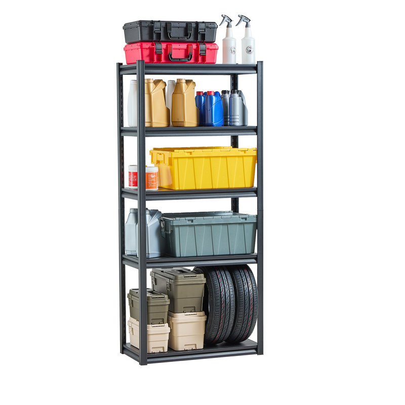 5 tablettes de rangement pour garage de P 16 po x l 32 po H 72 po, charge totale de 2000 lb, acier au carbone, revêtement thermolaqué, tablettes réglables, séparable en deux, capacité de charge noire, égratignure, hauteur à réglage rapide, pour