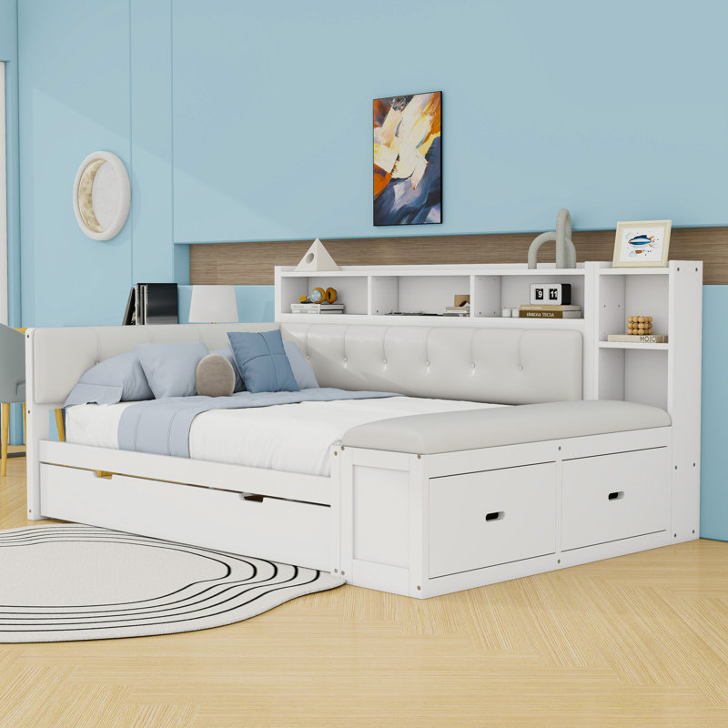 2 Drawers Full Daybed with Twin Trundle, Shelves, Side Bench and Charging Station, White