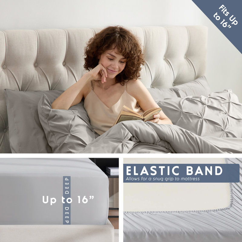 Bed-in-a-Bag Pinch Pleat Comforter Set with Bed Sheets & Memory Foam Cooling Pillows, Linen