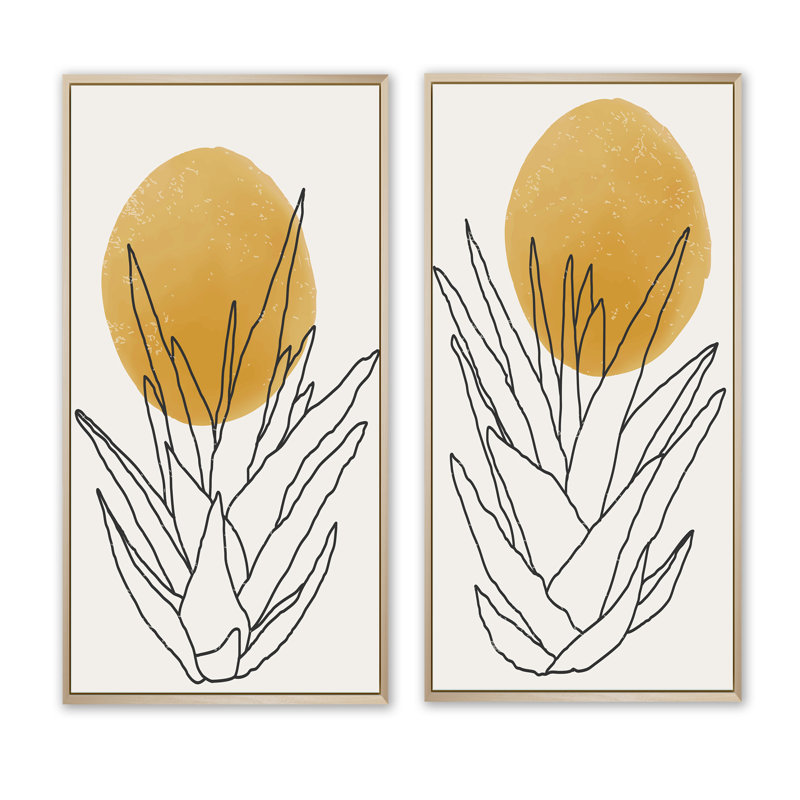 «Yellow Botanical Abstract Leaves II», ensemble de 2 peintures, H 20 po x l 24 po x P 1 po, Cadre brun