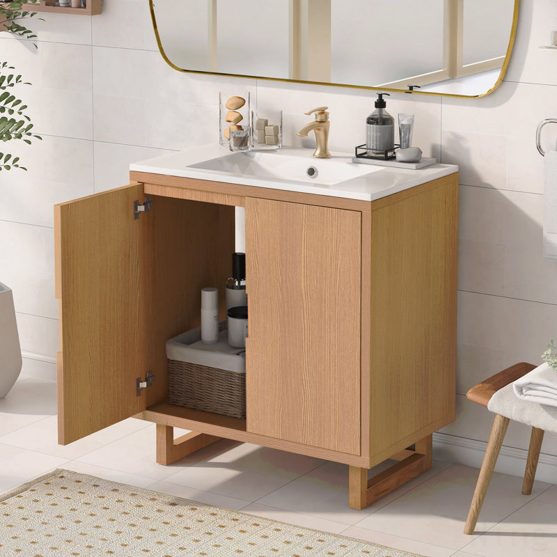 Ensemble de meuble-lavabo 30 po avec lavabo, armoire combinée, armoire de rangement, structure en bois massif, Brun