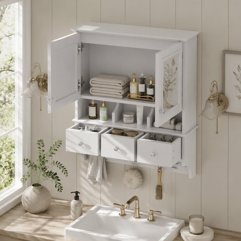 Armoire à pharmacie murale 4 en 1 de 24 pouces avec miroirs haute définition, tiroirs et crochets de rangement, White
