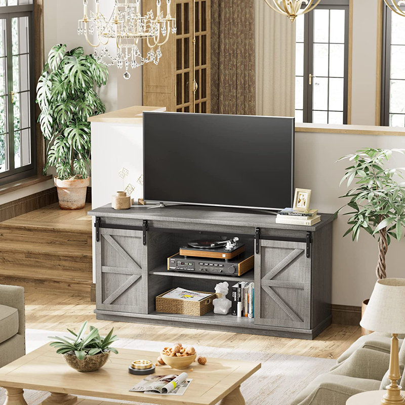 Meuble télé avec portes de grange coulissantes pour téléviseur de 65 po ou moins Hartin, Gris