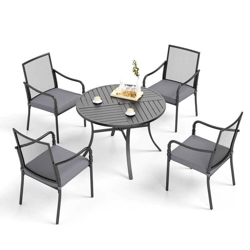 Ensemble repas de patio pour 4 personnes avec table ronde Boule, coussins inclus