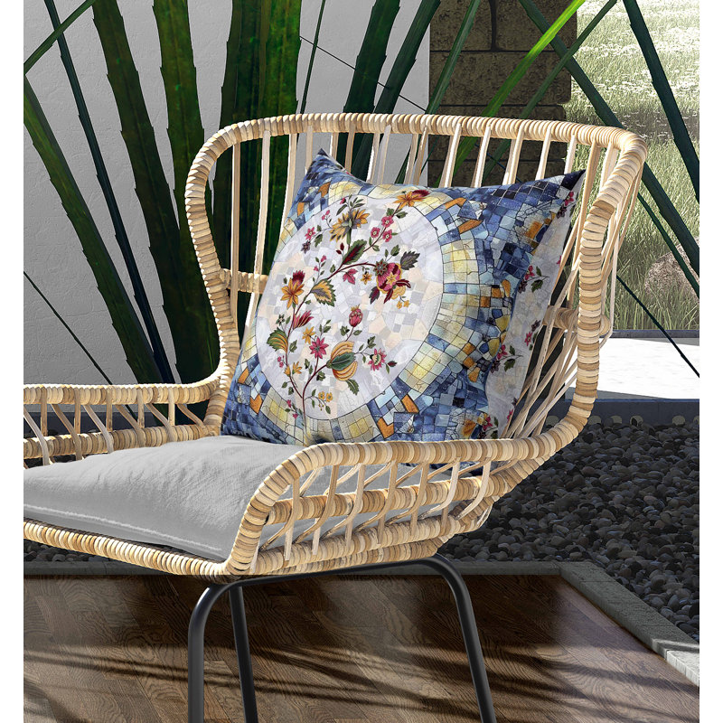 Coussin intérieur / extérieur Botanical Mosaic, Bleu / Orange, Carré 18 po