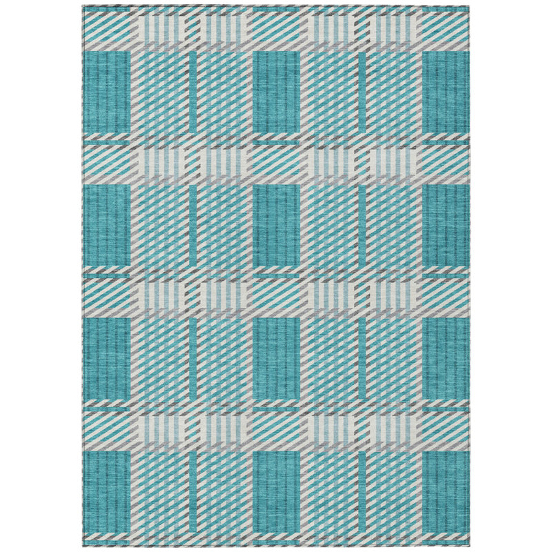 Tapis extérieur lavable à carreaux bleu sarcelle et gris ivoire 5 pi x 8 pi
