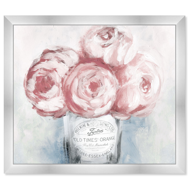 " Pink Pastel Painted Peony Floral Bouquet " Painting Print, Silver Framed, 38" H x 47" W