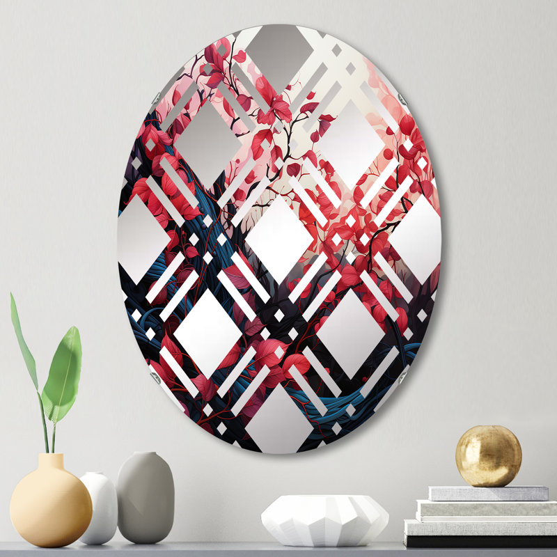 Feuilles botaniques rouges et noires minimalistes - Miroir décoratif à carreaux-MIR114792-Ovale, L 20 po x H 30 po