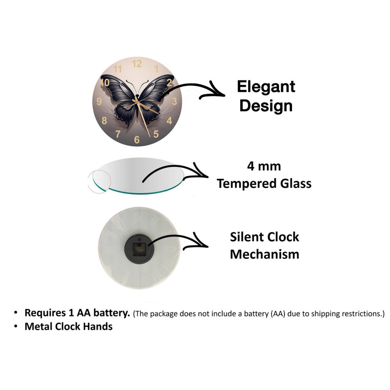 Horloge murale sophistiquée papillon noir sur fond neutre en verre trempé, Noir