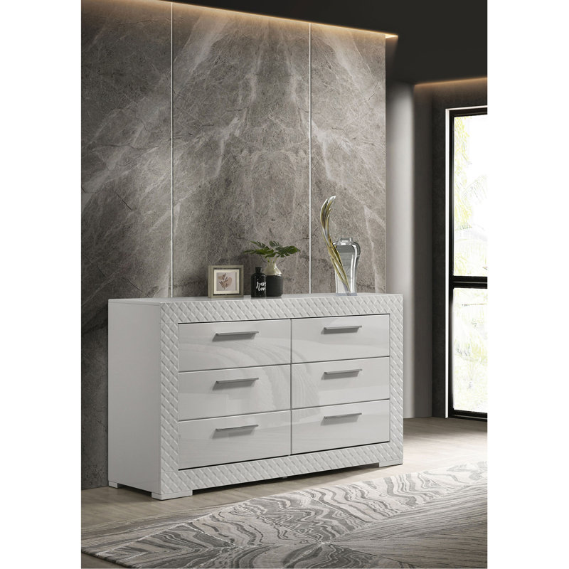 Commode 6 tiroirs blanche ultrabrillante, Blanc brillant
