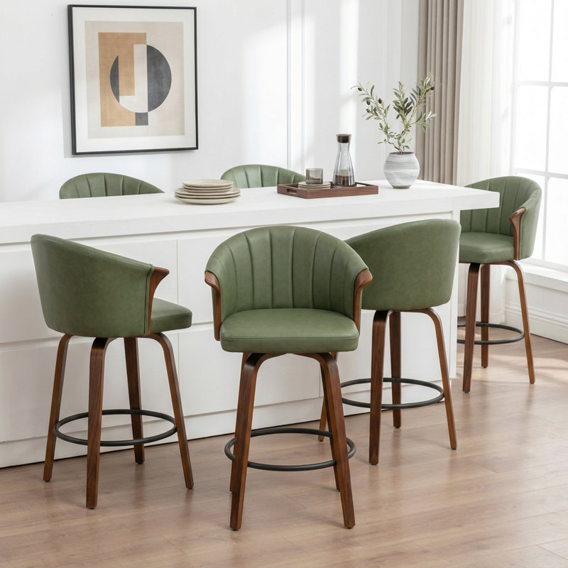 Tabouret de comptoir pivotant rembourré avec structure en bois Devault, Green