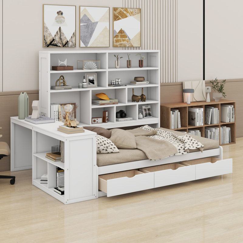 Daybed With Drawers ,Desk ,Shelves And Lights, White