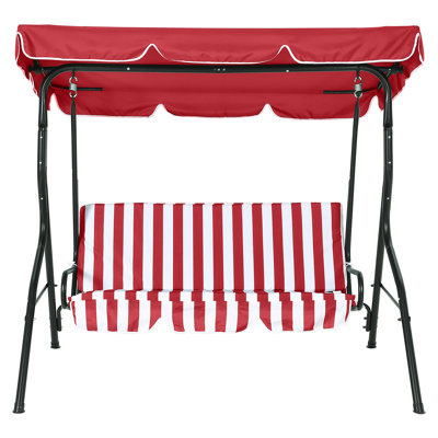  Weather-Resistant 3-Seat Patio Swing Chair – Adjustable Canopy, Thick Cushions, Durable Steel Frame, Ideal for Porch, Garden, Backyard – Red and White Stripes