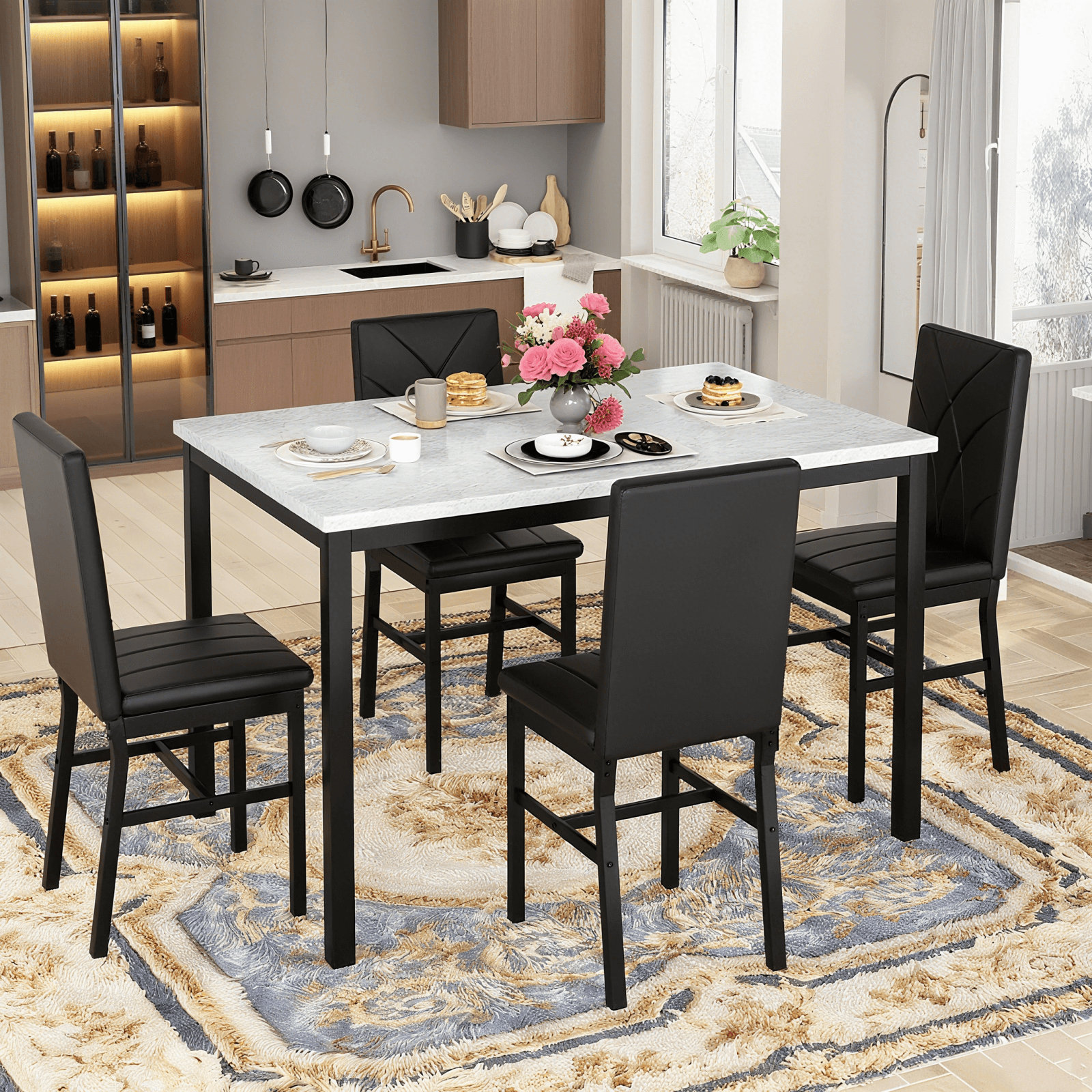 Wrought Studio™ 5 Piece Dining Table Set For 4, Faux Marble Kitchen ...