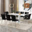 Ensemble de table et de chaises. Ensemble de salle à manger moderne en marbre simple - table de 71 po x 35,4 po avec 8 chaises en polyuréthane noires avec un motif à rayures verticales sur le dossier. Plateau de table en verre trempé, motif marbre blanc-776941941-776941942