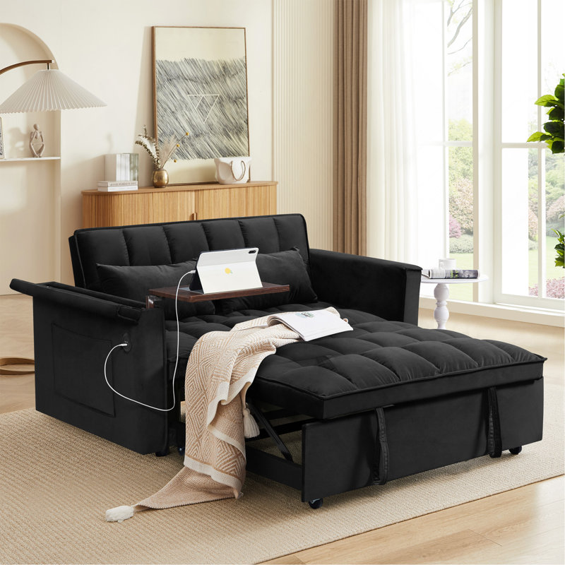 Canapé-lit 55,5 po 3-en-1 pliable, canapé double en velours moderne, canapé-lit à dossier réglable, sac de rangement et oreiller, bureau d'ordinateur portable caché avec port USB, convient au salon, à la chambre à coucher