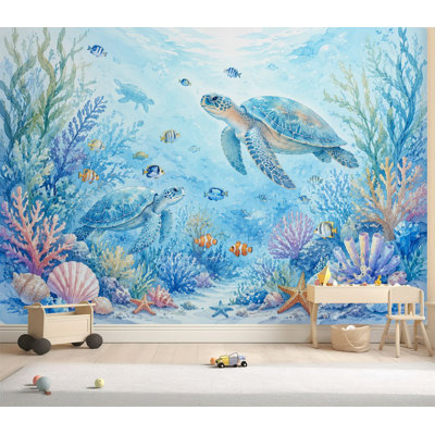 Wall Mural Peel and Stick Wallpaper Underwater Ocean Scene Sea Turtles Starfish Shells Coral Soft Blue Self-Adhesive Removable Contact Paper Wall Decor for Living Room Bedroom 69"H x 96"W