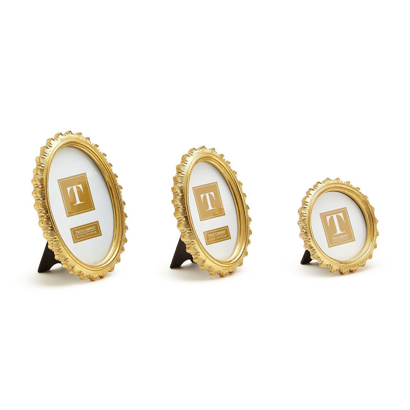Ensemble de 3 cadres photo Falcate Gold, 21,6 cm de hauteur, en résine et verre, formes ronde, carrée et rectangulaire, finition dorée.