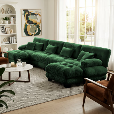 Free-Combination U-Shaped Modular Cloud Sectional Sofa with Deep Seats and 2 Convertible Ottomans, Chenille Emerald Green