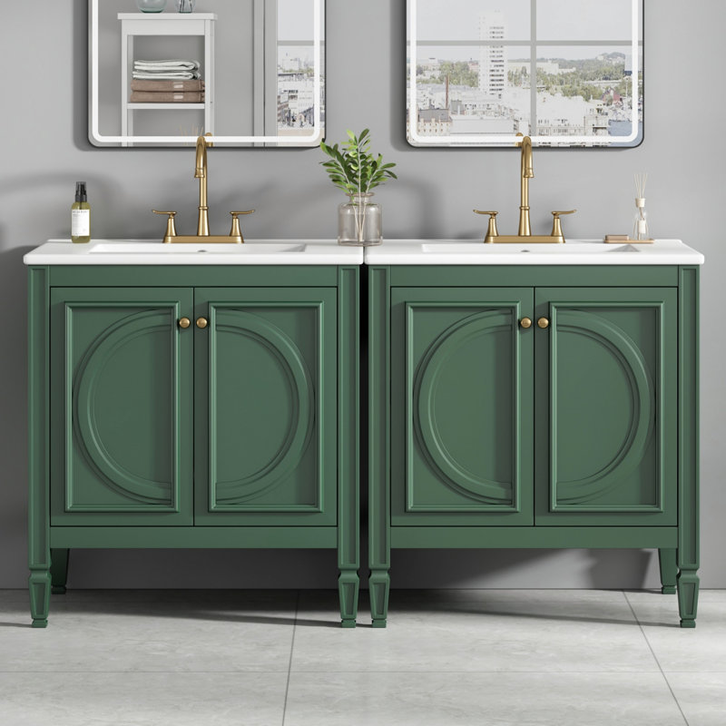 Bathroom Vanity With Ceramic Sink, Storage Drawer And Soft Close Doors, Green