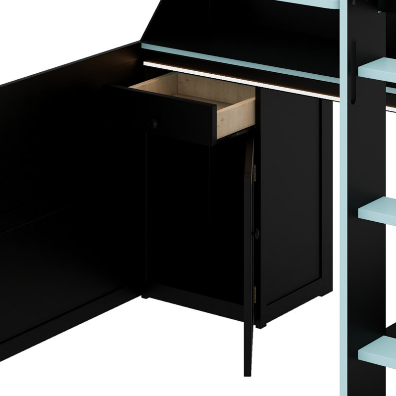 Lit mezzanine en bois moderne avec bureau de jeu, lumières intégrées et station de charge, Noir + bleu, Lit double