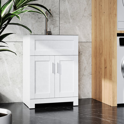 Armoire de buanderie blanche 24 po - Lavabo et bonde en acier inoxydable à assemblage simple, lavabo robuste et facile à nettoyer