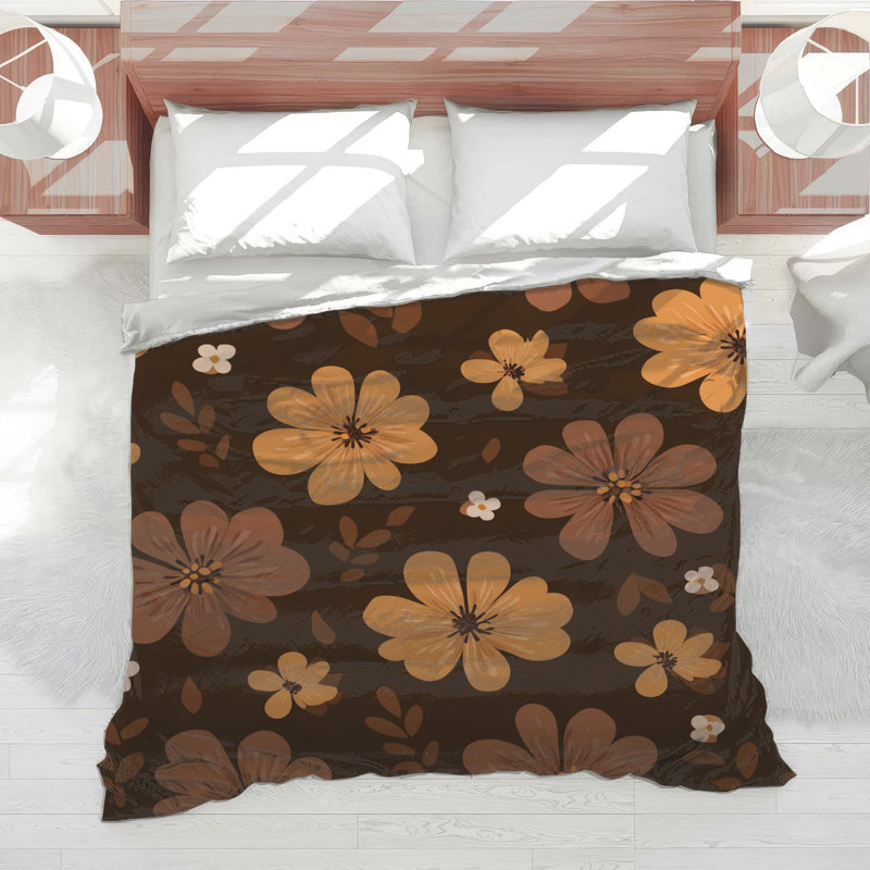 Édredon à motif floral rétro, Édredon grand, Brun / motif floral orange