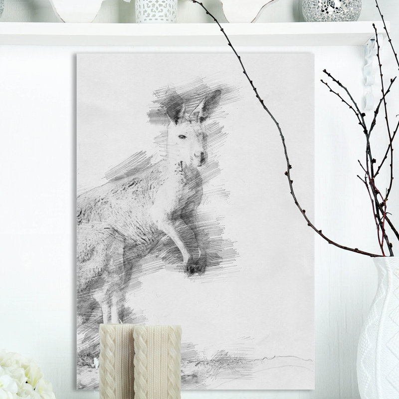 Kangourou noir et blanc - reproduction sur toile, H 20 po x l 12 po x P 1po