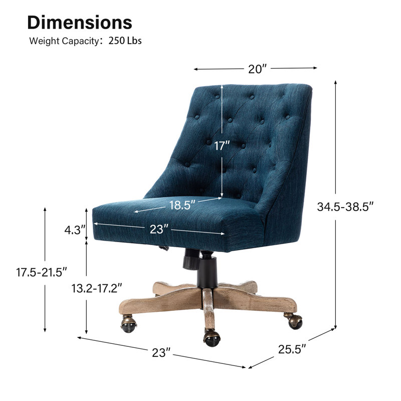 Chaise de travail capitonnée à boutons H 38,5 po Vail avec base en bois manufacturé et massif, Sergé bleu marine