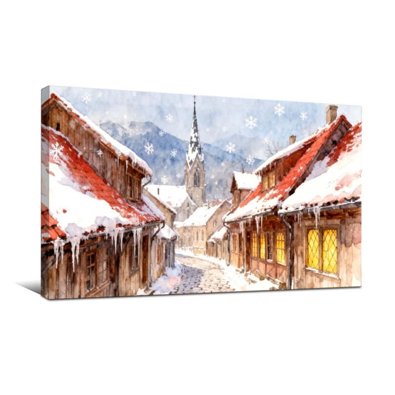 Scène d'hiver de Noël avec village enneigé, H 16 po x l 32 po