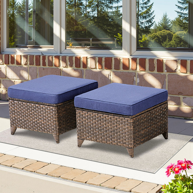 Ensemble de 2 repose-pieds d'extérieur en osier PE avec coussins bleus pour la cour ou la terrasse