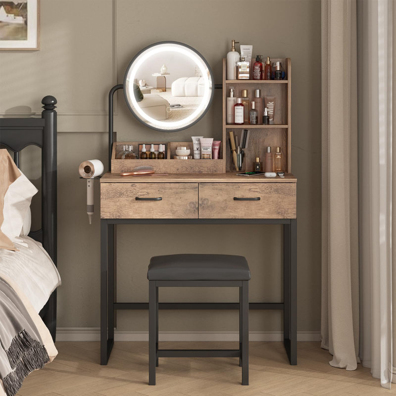 Borach 31.5" W Makeup Vanity with Lighted Mirror and Seat, Brown/Black