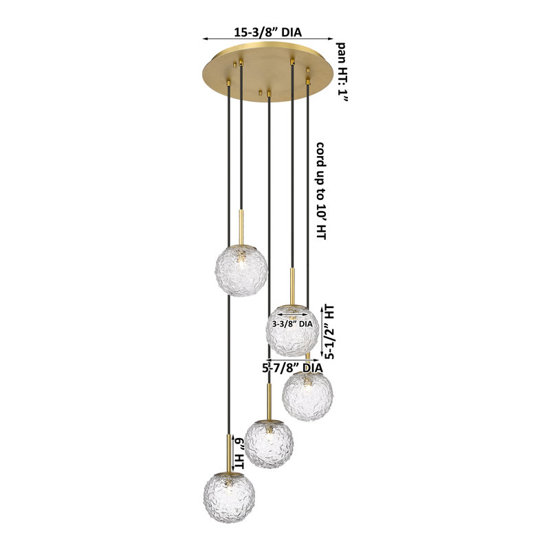 Barrington - Mini-luminaire suspendu à cordon de 5 lumières de 16 po - Ampoule non incluse - Finition noir mat, Laiton brossé