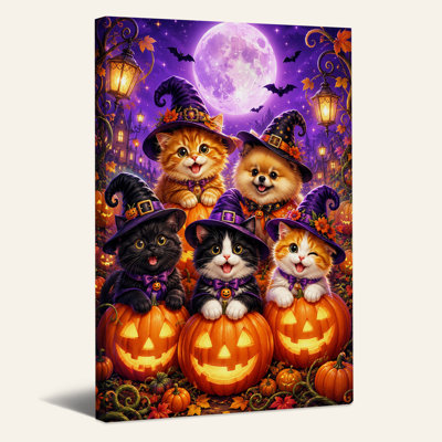 «Cats and Dog In Witch Hats» avec citrouilles et toile d'art d'Halloween
