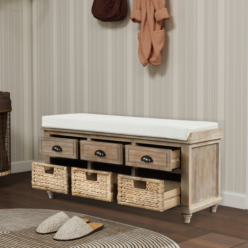 Banc de rangement rembourré avec 3 paniers en rotin, Blanchies