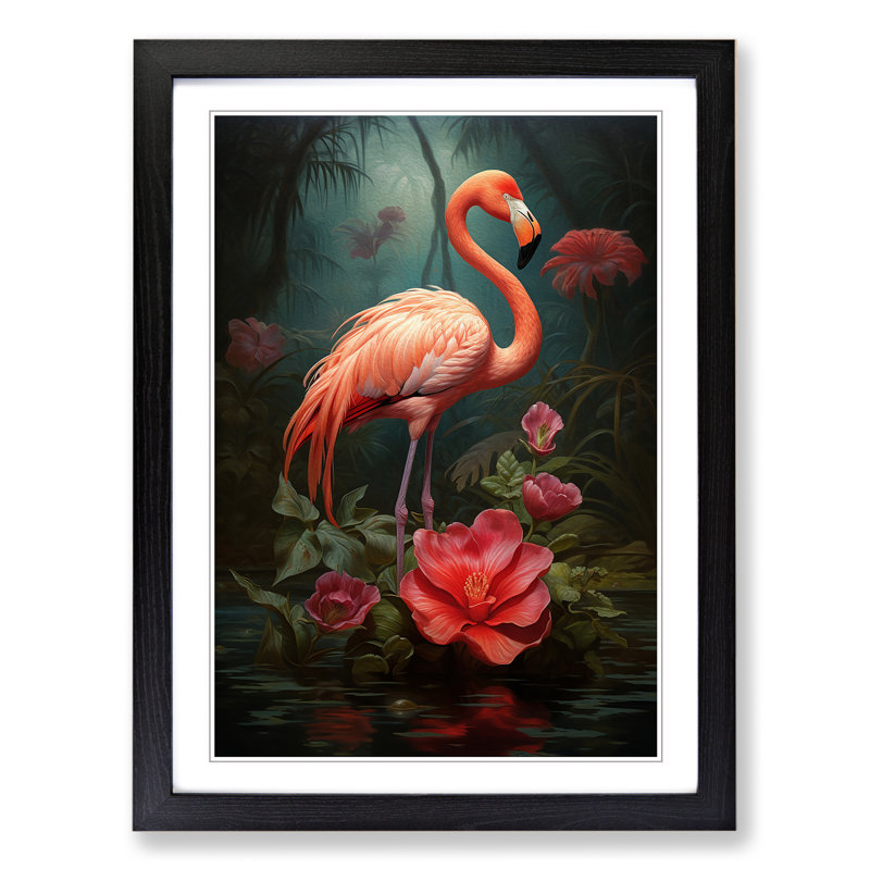 Flamingo Symbolism - Single Picture Frame Print on Wood, Black, 34cm H x 25cm W x 2cm D