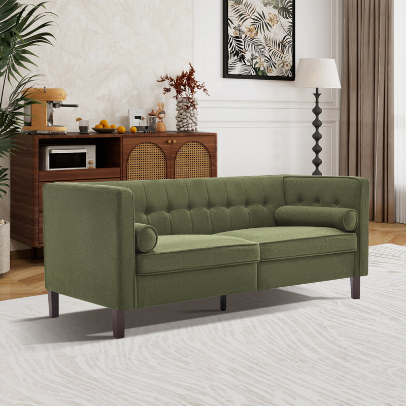 Canapé 78 po à accoudoirs carrés Mid-Century, Chenille vert olive