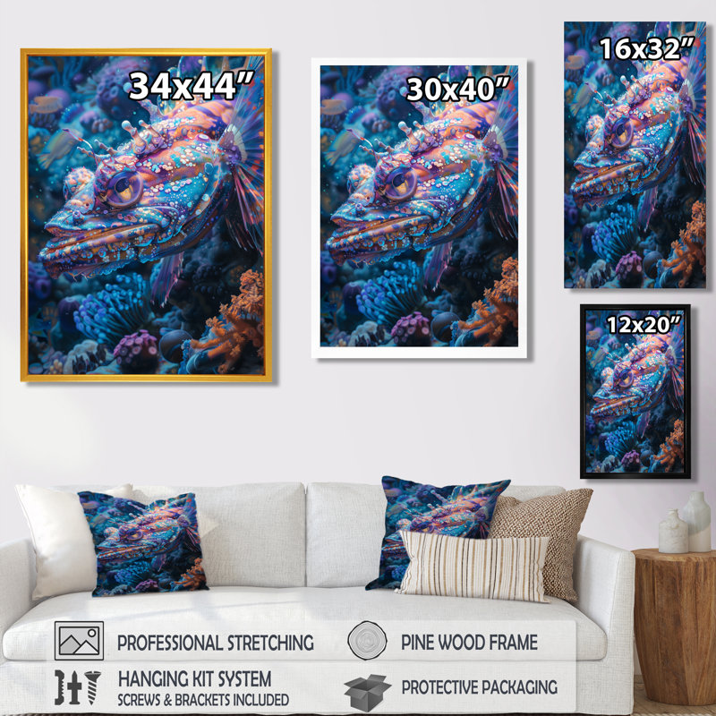 Blue Glowing Abyss Sea Creatures - Sea Creatures Wall Decor, 40" H x 30" W x 1.5" D, White Single Picture Framed