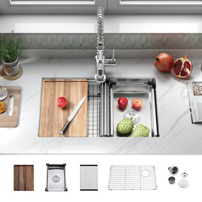 ATTOP 30 Inch Workstation Undermount Single Bowl Kitchen Sink with Sliding Accessories