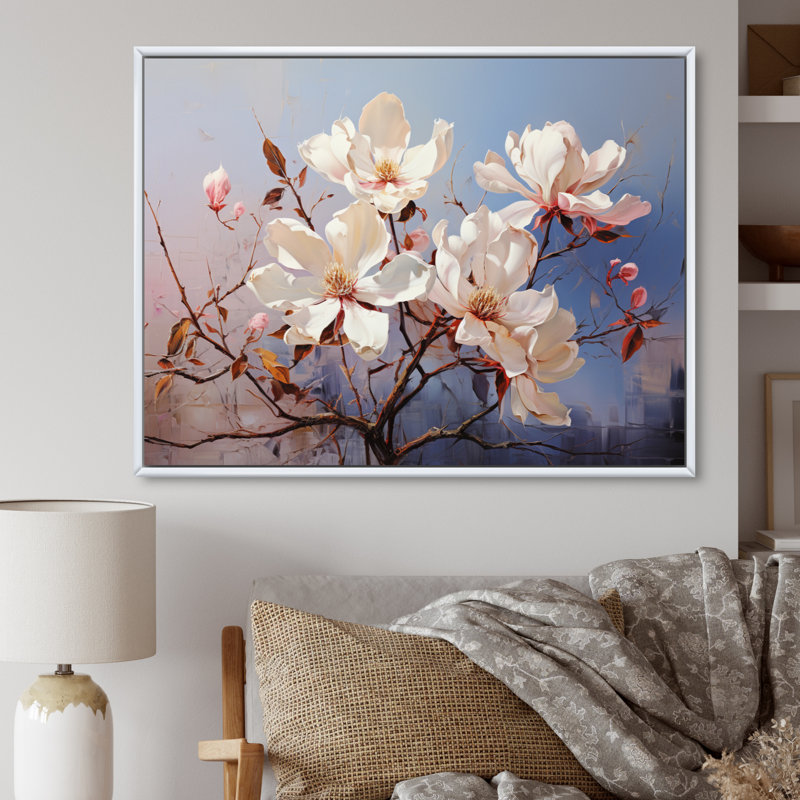 " White Blue Magnolias Romantic Impression ", Cadre flottant blanc, H 30 po x l 40 po x P 1,5 po