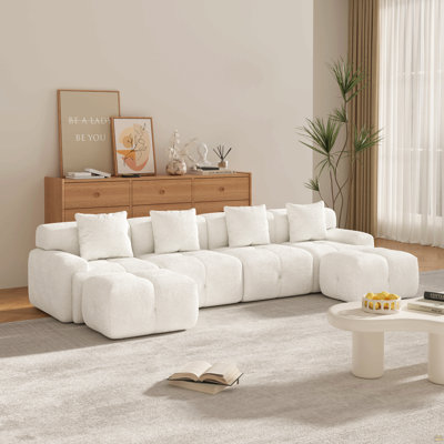 135.4" 6-Piece U-Shaped Sleeper Modular Sectional Sofa Bed Chaise, Oversized 4-Seater Boneless Convertible Block Cloud Tufted Floor Corner Couch Set With 2 Ottomans & 4 Pillows For Living Room, Ivory