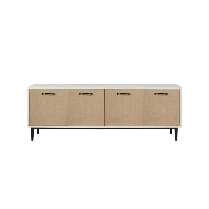 Console de style vanille de 80 pouces avec charnières européennes à fermeture douce pour une fonctionnalité de porte silencieuse, trois compartiments intérieurs, des tablettes réglables, des solutions de rangement polyvalentes et une finition en bois à deux tons