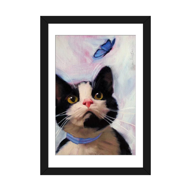 «Cat and Butterfly», reproduction sur toile tendue, H 24 po x l 16 po x P 1 po, Papier d'art encadré noir, Blanc