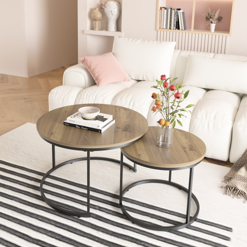 Nesting Coffee Table 2 Pieces, 27.6Inch Round Industrial Wood Style With Solid Metal Base For Living Room Bedroom Lawn (Brown Tables 2Pcs, Look Steady Frame Yard